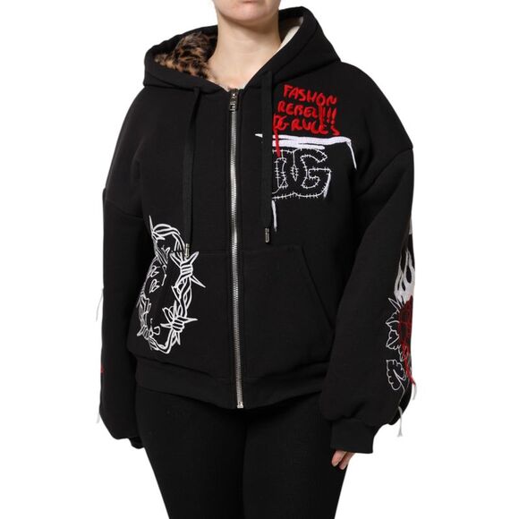 Dolce & Gabbana Black Embroidered Full Zip Hooded Women's Jacket